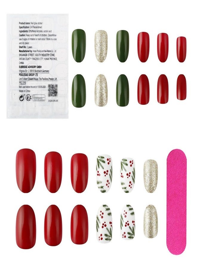 HJKDSFD Winter Press on Nails Short Christmas Fake Nails Red Green Oval Glue on Christmas Fruit False With Glitter Designs Glossy Acrylic Xmas Cute Glue Stick for Women 24Pcs - Image 4